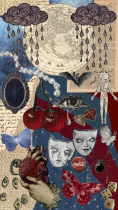 altered collage with images of hearts, clocks and other things in the sky above them