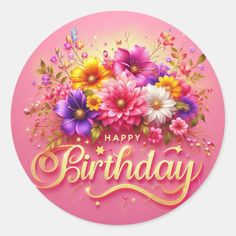 a happy birthday card with flowers and butterflies on it's pink background, in gold lettering