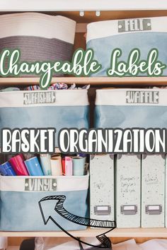 the shelf is filled with baskets and other items for organization, including bookshelves