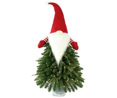 a christmas tree with a santa claus hat on it's head is in a vase