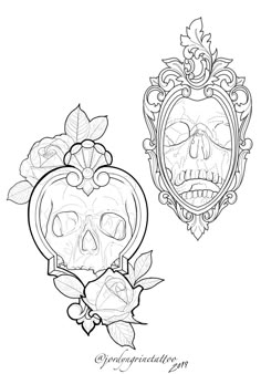 a drawing of a skull with roses and a mirror