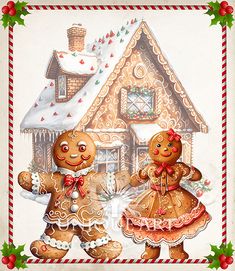 two gingerbreads are standing in front of a house with snow on the ground