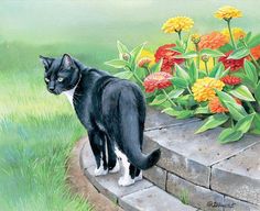 a painting of a black and white cat standing in front of flowers