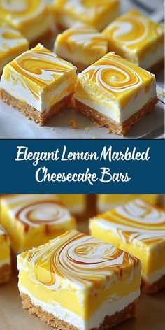 lemon marbelade cheesecake bars on a plate with the words, elegant lemon marbled cheesecake bars