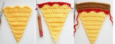 three crocheted triangles are shown with knitting needles and yarn in the shape of pizza