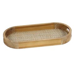 a wooden tray with wicker in the middle