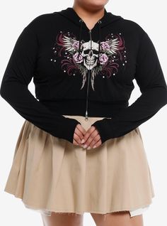 Enter your Y2K biker era with this cropped  zip-up hoodie featuring a ribbed knit and a print of a winged skull surrounded by roses and real rhinestones. Drawstring hood and front pockets.67% polyester; 28% rayon; 5% spandexWash cold; dry lowLength: 19 12"ImportedModel is 5'10"Model wears size 1 Tie Dye Girl, Cropped Zip Up Hoodie, Winged Skull, Girls Hoodie, Black Parade, Cropped Zip Up, Tall Hoodies, Girls Cardigan