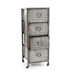 three metal drawers on wheels with holes in them