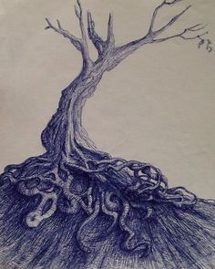 a drawing of a tree with roots growing out of it