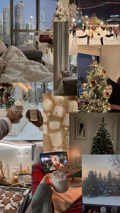 a collage of pictures with people and christmas trees