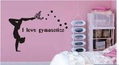 a girl is doing yoga in her bedroom with the words i love gymnastics on it