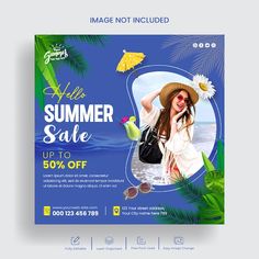 a flyer for a summer sale with a woman wearing a hat and holding a drink