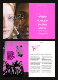 an image of two people in pink and black brochures with text on them