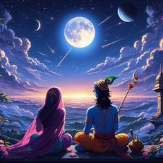 two people sitting on the ground in front of a full moon and stars filled sky