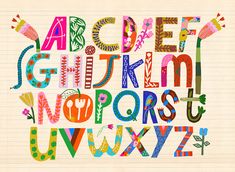 the alphabet is made up of colorful letters and numbers, all in different colors on lined paper