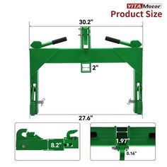 the front and back end of a green truck with measurements for each side, including two brackets