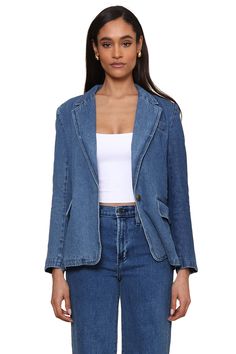 Elevate your style game with this stunning denim blazer - the ultimate wardrobe essential. Upgrade your traditional blazer game with this piece. Featuring two front pockets and a button for a sleek and chic closed look. Its oversized, trendy design is sure to make a statement. Model is 5'10" wearing a size XS, Shell: 100% Cotton, Lining: 100% Polyester, Machine wash cold, Line dry, Trendy Everyday Blazer For Spring, Trendy Everyday Spring Blazer, Spring Denim Blue Blazer With Button Closure, Trendy Medium Wash Blazer With Long Sleeves, Casual Denim Blue Blazer With Pockets, Spring Denim Jacket With Notch Lapel And Button Closure, Trendy Denim Blazer, Trendy Denim Blazer With Pockets, Trendy Medium Wash Denim Blazer