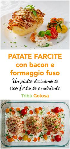 some food is sitting on top of a plate and in front of the words, patate farcie con bacon e formagio fuso