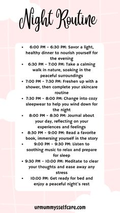 A night routine offers an essential way to manage stress and anxiety by helping transition from the day's chaos to a more peaceful state. By incorporating activities like journaling, meditation, or a warm bath, stress hormones are lowered. This leads to improved mental clarity, reduced anxiety, and an overall sense of calm before bed. 🌿 Productive Things To Do At Home, That Girl Night Routine List, Nightly Routine Checklist, That Girl Evening Routine, Nighttime Self Care Routine, Summer Night Routine, Evening Routine Checklist, Affirmation Baddie, Student Schedule