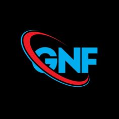 the gnf logo is shown in blue and red on a black background,