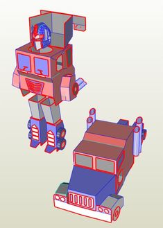 two 3d renderings of a toy truck and an armored vehicle are shown in red, white and blue