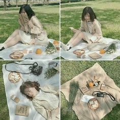 four pictures of a woman sitting on the grass with food and books in her hands