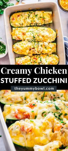 creamy chicken stuffed zucchini in a casserole dish