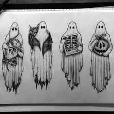 three drawings of halloween ghostes with bats and pumpkins on their backs, one is holding a book