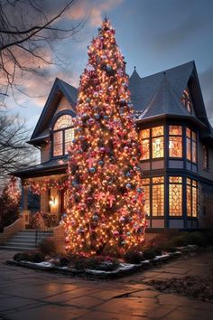 a large christmas tree in front of a house