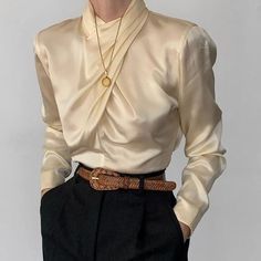 Long Sleeves Shirts, Stand Collar Blouse, Satin Blouses, 가을 패션, Collar Blouse, Mode Vintage, Office Lady, Character Outfits, Looks Style