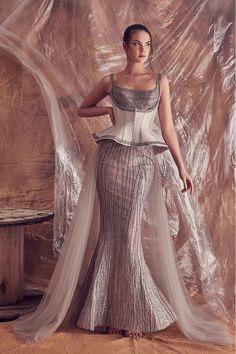 Sleeveless sequined mermaid dress featuring buttoned corset – HerTrove Conceptual Fashion, Off Shoulder Gown, Midi Dress Style, Elegant Prom Dresses, Johanna Ortiz, Sequin Gown, Beaded Gown, Mermaid Gown, Gowns With Sleeves