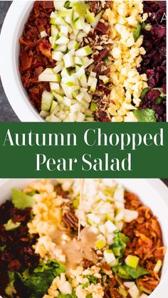 the ingredients for this autumn chopped pear salad are mixed together in a white bowl and being drizzled with dressing