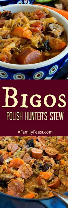 a bowl filled with meat and vegetables next to the words, bigos polish hunter's stew