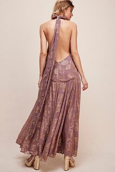 Turn heads in this forever special maxi dress featured in a halter style silhouette with metallic gold detailing throughout and adjustable tie neckline for added versatility. * Pleating at bottom * Fully lined design * Exposed back detail | Holding On Convertible Maxi Dress by Free People in Purple, Size: XL Sororite Vintage, Convertible Maxi Dress, Mirror Palais, Cocktail Event, House Of Cb, Dresses Cocktail, Home Wear, Wedding Guest Dresses, Halter Style