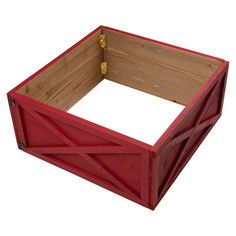 a red wooden box that is open to show the bottom and side panels with gold hardware