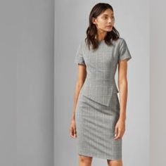 Brand New With Tags Ted Baker Women's Gray Check Peplum Tailored Dress European Size 1 Equates To Us Size Xxs-Xs (See Last Image For Actual Measurements) Gray A Stylish And Classic Dress With An Asymmetric Peplum Detail. This Tailored Design Zips Up At The Back For A Form-Flattering Finish. Ted Baker Womenswear Collection Round Neck Short Sleeved Asymmetric Peplum Midi Length Zip Fastening At Back Designer Work Dresses, Outfits For Interview, Womens Business Attire, Interview Outfits Women, Career Women, Business Professional Outfits, Ted Baker Dresses, Work Uniform, Functional Style