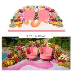 two pink chairs sitting next to each other on top of a table covered in flowers