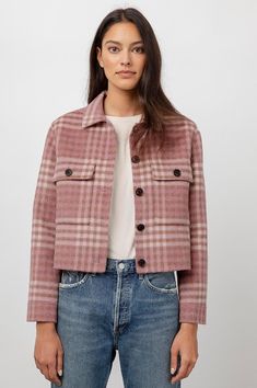 Steffi Mauve Ivory Sepia Long Sleeve Jacket- front Cropped Jacket Outfit, Cozy Jacket, Spring Capsule Wardrobe, Caramel Brown, Mauve Pink, Pink Jacket, Plaid Blazer, Plaid Jacket, Pink Plaid