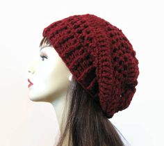 This is made to order. This beanie is super slouchy. I crocheted it with dark red thicker weight yarn. It is stretchy and will fit most teens or adults, men or women. It will fit anywhere on your head and has a large enough slouch to tuck lots of hair. It is very simple but classy. Depending on your monitor the color shown may be slightly darker/lighter than what it actually is. This hat is made to order. If you would like a different color please let me know. Hand wash is recommended. Please ch Maroon Hat, Slouchy Beret, Crochet Slouch Hat, Tweed Hat, Crochet Slouchy Hat, Crochet Beret, Red Beanie, Red Crochet, Beanie Crochet