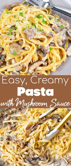 easy creamy pasta with mushrooms and sauce in a pan