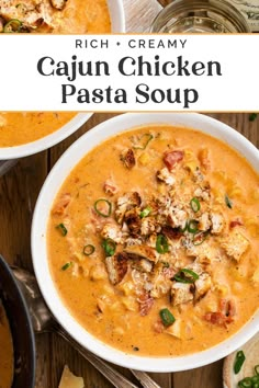 two bowls of creamy cajun chicken pasta soup