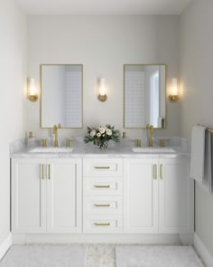 a white bathroom with two sinks and three mirrors on the wall next to each other