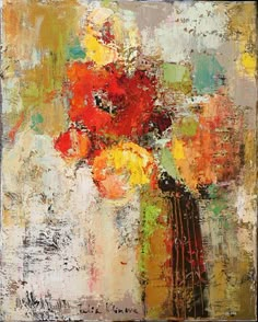 an abstract painting with red and yellow flowers