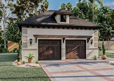 a two car garage is shown in this artist's rendering with palm trees around it