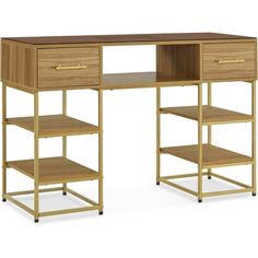 a wooden desk with two shelves on each side