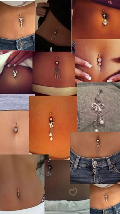 multiple pictures of different types of jewelry on women's stomachs and belly rings