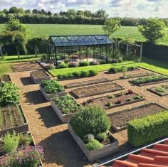 an aerial view of a vegetable garden with lots of plants and flowers in the foreground