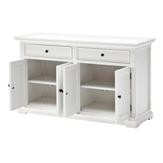 a white cabinet with two doors and drawers