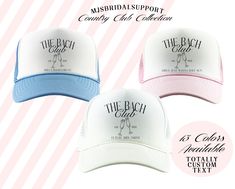 three hats with the words, mississippi support country club collection on them in pink, blue and white