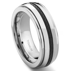 men's wedding band with black and white stripes inlayed into the center